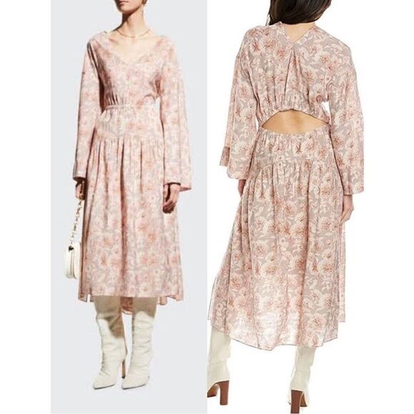 Vince NWT Dahlia Print Long Sleeve Midi Cut Out Dress Beige Pink Floral … - Picture 1 of 14